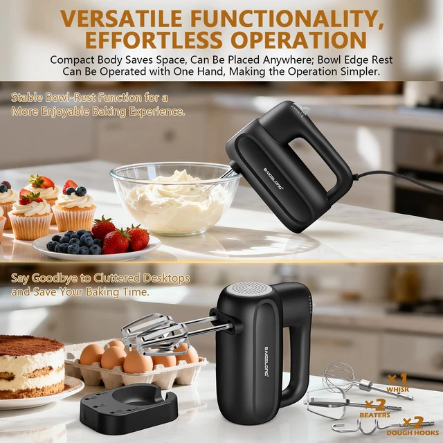 Alt view image 4 of 7 - BAIGELONG Hand Electric Mixer, 5-Speed KitchenMixer with 5 * 304 Stainless Steel Attachments + Storage Base, 200W Portable Food Handheld Mixer for Baking, Whipping Cream, Cake Mixing, Gray/Black