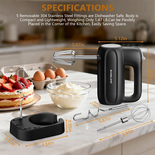 Alt view image 6 of 7 - BAIGELONG Hand Electric Mixer, 5-Speed KitchenMixer with 5 * 304 Stainless Steel Attachments + Storage Base, 200W Portable Food Handheld Mixer for Baking, Whipping Cream, Cake Mixing, Gray/Black