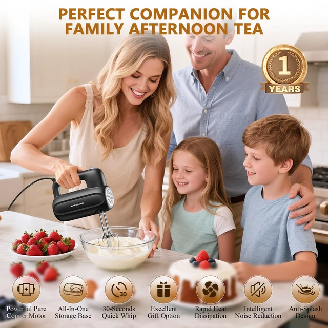 Alt view image 7 of 7 - BAIGELONG Hand Electric Mixer, 5-Speed KitchenMixer with 5 * 304 Stainless Steel Attachments + Storage Base, 200W Portable Food Handheld Mixer for Baking, Whipping Cream, Cake Mixing, Gray/Black