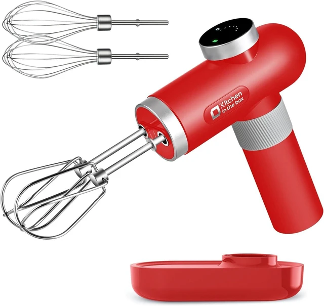 Main image of Kitchen in the box Cordless Rechargeable Hand Mixer for Kitchen, Portable Handheld Electric Mixer with Beaters, Whisks, 6-Speed Digital Display, Charging Base and USB-C Charge Cable (Cherry Red)