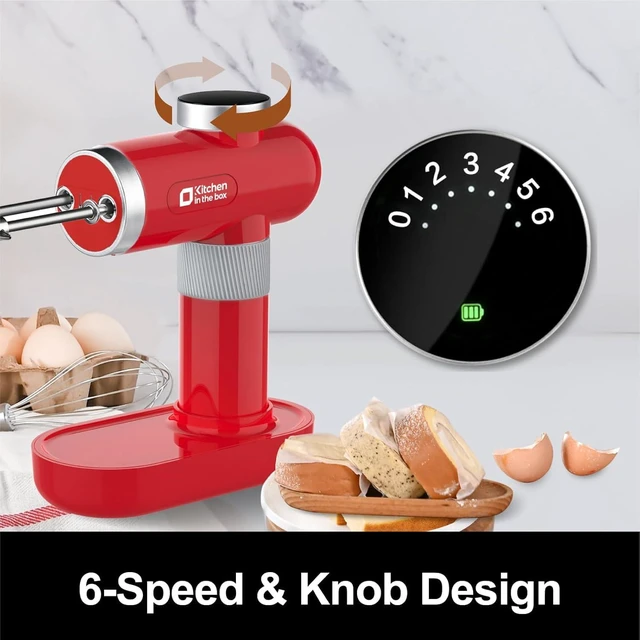 Alt view image 4 of 6 - Kitchen in the box Cordless Rechargeable Hand Mixer for Kitchen, Portable Handheld Electric Mixer with Beaters, Whisks, 6-Speed Digital Display, Charging Base and USB-C Charge Cable (Cherry Red)