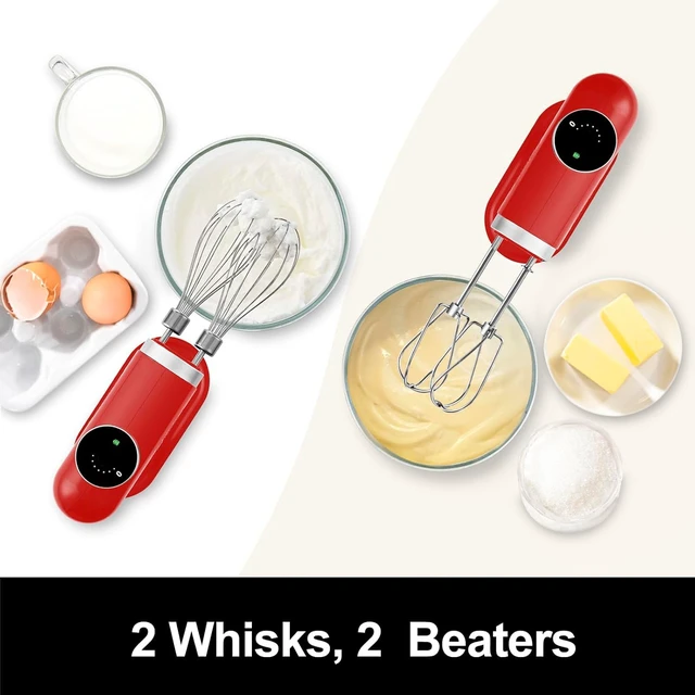 Alt view image 5 of 6 - Kitchen in the box Cordless Rechargeable Hand Mixer for Kitchen, Portable Handheld Electric Mixer with Beaters, Whisks, 6-Speed Digital Display, Charging Base and USB-C Charge Cable (Cherry Red)
