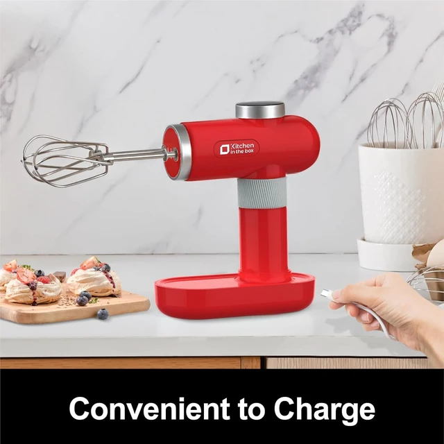 Alt view image 6 of 6 - Kitchen in the box Cordless Rechargeable Hand Mixer for Kitchen, Portable Handheld Electric Mixer with Beaters, Whisks, 6-Speed Digital Display, Charging Base and USB-C Charge Cable (Cherry Red)