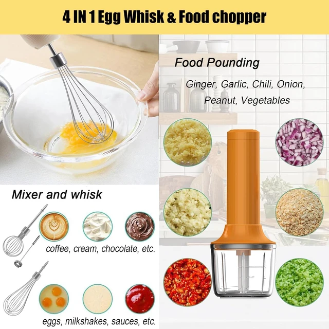 Alt view image 2 of 7 - 4-in-1 Electric Hand Mixer, Electric Whisk, Mini Onion Chopper 10Oz, Small Cordless Hand Blender, Milk Frother Wand for Coffee, Matcha, 4 Speed Rechargeable Food Processor for Baby Food Maker