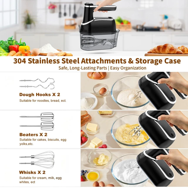 Alt view image 4 of 7 - binROC Cordless Hand Mixer Electric, 12-Speed with Storage Case, Black