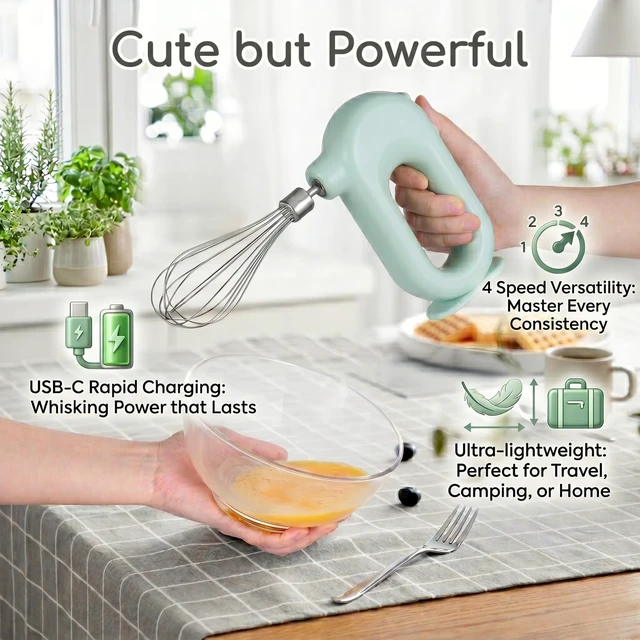 Alt view image 2 of 6 - Colorful Mini Cordless Hand Mixer, Self-Standing USB Rechargeable Handheld Egg Beater with 4 Speeds & 2 Whisks, Lightweight Portable Electric Whisk for Kitchen Baking and Cooking(Pink)