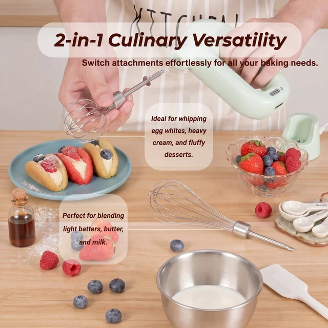 Alt view image 4 of 6 - Colorful Mini Cordless Hand Mixer, Self-Standing USB Rechargeable Handheld Egg Beater with 4 Speeds & 2 Whisks, Lightweight Portable Electric Whisk for Kitchen Baking and Cooking(Pink)