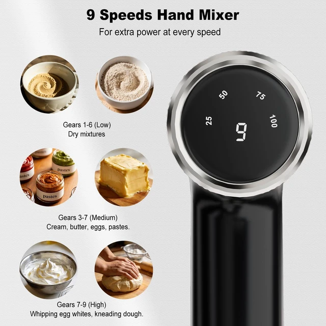 Alt view image 2 of 7 - Camic Electric Hand Mixer with 9 Speeds, Powerful Motor, Cordless Hand Mixer with Whisk, Dough Hook and Mixing Rod for Whipping Eggs, Cream, Butter, Jam, Kneading Dough and Blending (White+Black)