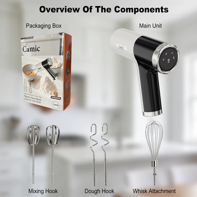 Alt view image 3 of 7 - Camic Electric Hand Mixer with 9 Speeds, Powerful Motor, Cordless Hand Mixer with Whisk, Dough Hook and Mixing Rod for Whipping Eggs, Cream, Butter, Jam, Kneading Dough and Blending (White+Black)