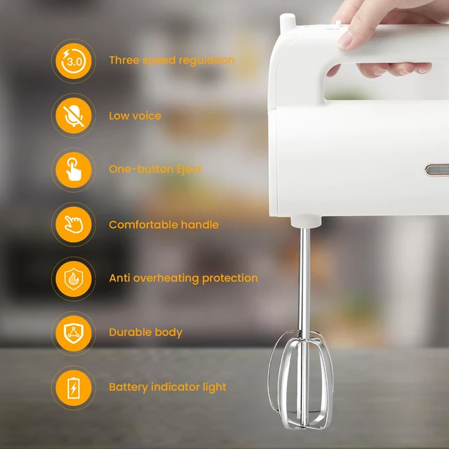 Alt view image 3 of 7 - Cordless Hand Mixer Electric, 3-Speed with Whisk, White