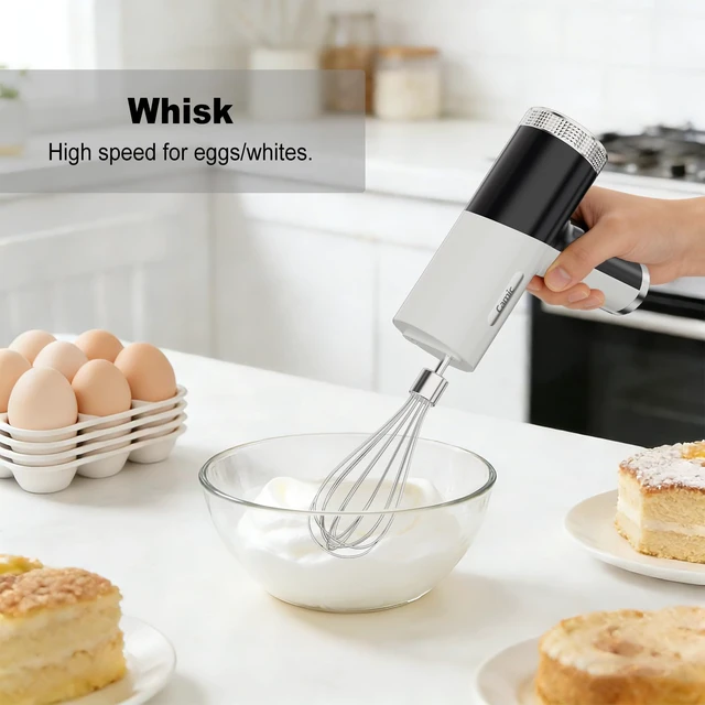 Alt view image 4 of 7 - Camic Electric Hand Mixer with 9 Speeds, Powerful Motor, Cordless Hand Mixer with Whisk, Dough Hook and Mixing Rod for Whipping Eggs, Cream, Butter, Jam, Kneading Dough and Blending (White+Black)