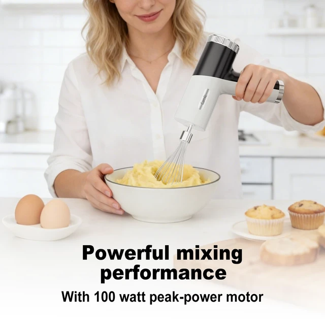 Alt view image 5 of 7 - Camic Electric Hand Mixer with 9 Speeds, Powerful Motor, Cordless Hand Mixer with Whisk, Dough Hook and Mixing Rod for Whipping Eggs, Cream, Butter, Jam, Kneading Dough and Blending (White+Black)