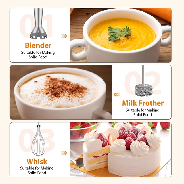 Alt view image 6 of 7 - Immersion Blender, 1000W Anti-scratch 3-in-1 Hand Blender, Upgraded 12 Speed Stainless Steel Blade Stick Blenders with Turbo Mode, Whisk and Milk Frother, Non-BPA