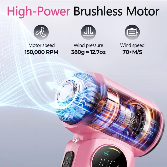 Alt view image 3 of 6 - Compressed Air Duster, 150000RPM Electric Air Duster with 6 Nozzles, Adjustable Speed, LED Light & 8000mAh Battery, Rechargeable Cordless Turbo Air Blower for Keyboard, PC, Car &Home Cleaning