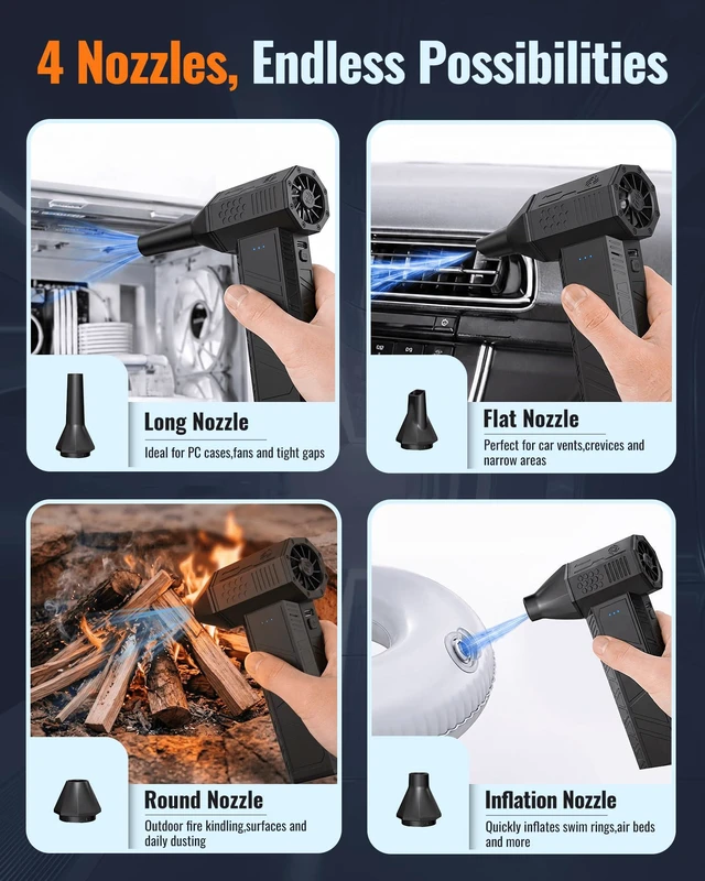 Alt view image 2 of 5 - Compressed Air Duster-110000 RPM Super Power Electric Air Duster, 3-Speed Adjustable Rechargeable Cordless Air Blower with Fast Charging, 4 Nozzle for PC, Keyboard, Car, Home, Outdoor