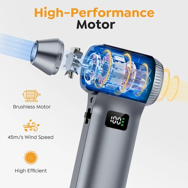 Alt view image 2 of 7 - Compressed Air Duster-230000RPM Super Power Electric Air Duster, 100-Level Adjustable Inflatable Air Blower with LED Light and Display Screen, Dust Blower for Computer, Keyboard,House, Outdoor and Car
