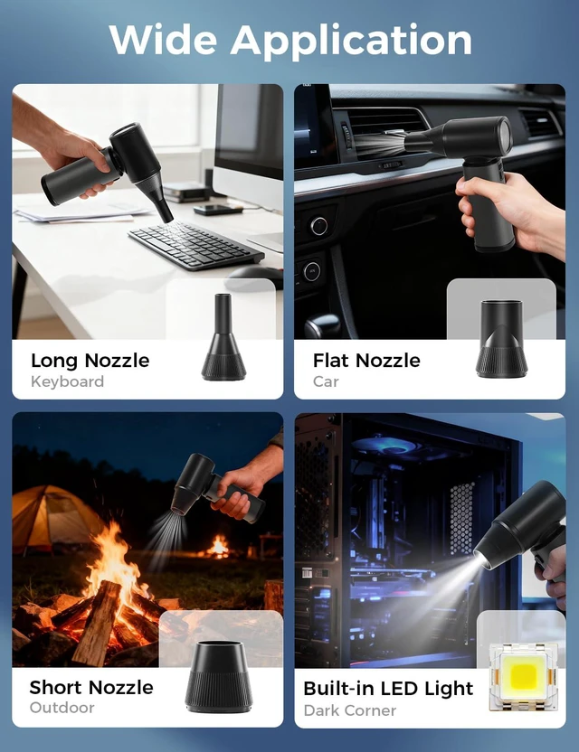 Alt view image 6 of 7 - Compressed Air Duster - 180000RPM Super Power Electric Air Duster, 3-Speed Adjustable Rechargeable Cordless Air Blower with LED Light, Dust Blower for Computer, Keyboard, Outdoor, Car and House