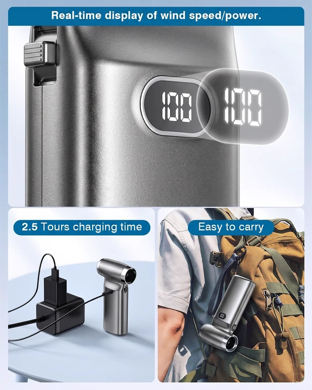 Alt view image 7 of 7 - Electric Compressed Air Duster Cordless: 60 MPH High Wind Speed Mini Silvery Air Blower for Electronics Portable Computer Cleaner Hand Keyboard Cleaning Powerful Duster for Car Fans and Other Sences