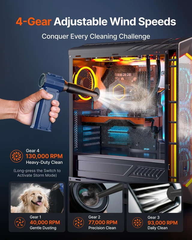 Alt view image 4 of 7 - Compressed Air Duster, 130,000RPM Ultra-Powerful Electric Air Duster