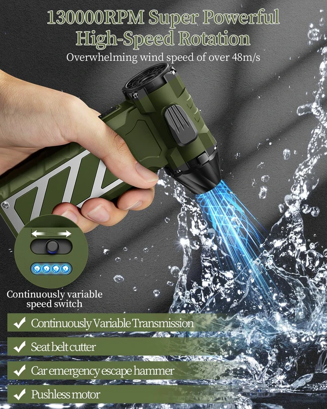 Alt view image 2 of 7 - Compressed Air Duster,Infinitely Variable Speed,130000RPM Electric Jet Dry Blower with Safety Hammer,Cordless Rechargeable Air Duster for Cleaning PCs/Keyboards/Car Washing (Green)