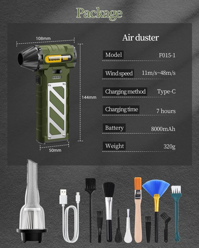 Alt view image 7 of 7 - Compressed Air Duster,Infinitely Variable Speed,130000RPM Electric Jet Dry Blower with Safety Hammer,Cordless Rechargeable Air Duster for Cleaning PCs/Keyboards/Car Washing (Green)