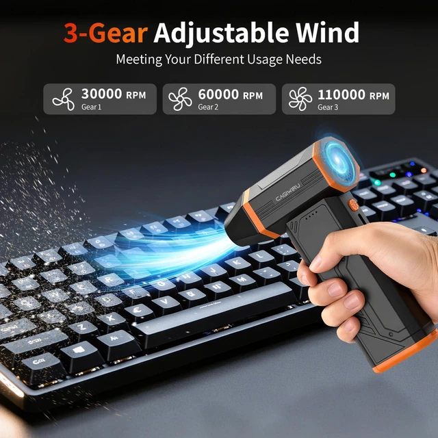 Alt view image 3 of 7 - Compressed Air Duster,110000RPM Super Power Cordless Electric Air Duster,Rechargeable Brushless Motor Blower,3-Gear Adjustable Turbo Fan Duster Blower for Computer,Car,Outdoor and House