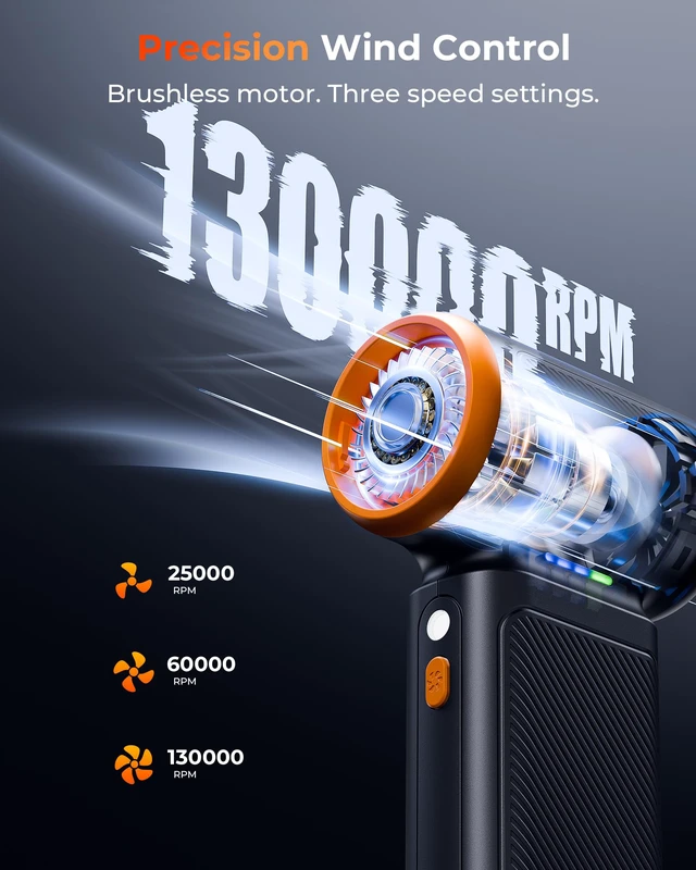 Alt view image 2 of 7 - Compressed Air Duster, 130,000RPM, 3-Gear Adjustable, 5Nozzles