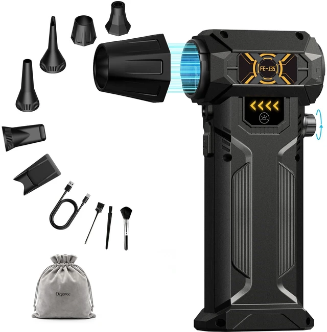 Main image of Compressed Air Duster, Stepless Speed Dial, Powerful Airflow, 130,000 RPM Rechargeable Air Blower for PC, Keyboard, Computer, Home, Car Interior, Electronics,6 Cleaning Nozzles, Compact 0.5lb (FE-J35)