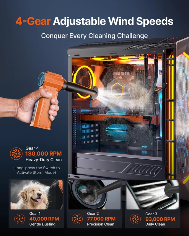 Alt view image 4 of 7 - Compressed Air Duster, 130,000RPM Ultra-Powerful Electric Air Duster