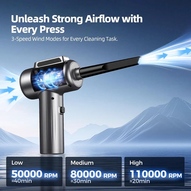 Alt view image 4 of 7 - Compressed Air Duster, 110000RPM Ultra-Powerful Electric Air Duster with LED Light, 3-Speed Adjustable, Rechargeable Cordless Mini Blower for Computer, Keyboard, Car, PS5, Outdoor & Home Cleaning