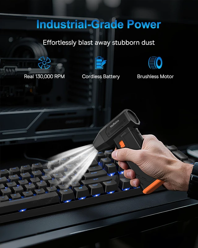 Alt view image 2 of 7 - Compressed Air Duster 130,000RPM Ultra-Powerful Cordless Electric Air Blower w/Brushless Motor, 3 Speed Adjustable & Rechargeable Battery for Keyboard, PC, Car, Home, Outdoor, Snow Removal