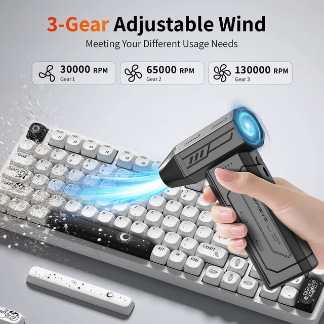 Alt view image 4 of 7 - Compressed Air Duster,130000RPM Super Power Cordless Air Duster,Rechargeable Brushless Blower,3 Gear Adjustable Blower with LED Light,Dust Remover for Computer/House/Outdoor/Car