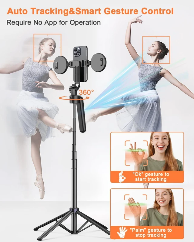 Alt view image 2 of 7 - Yeaki 71 Auto Face Tracking Tripod for iPhone with Light,360° Rotating Phone Stand with Rechargeable Remote Control for TikTok Vlog Video Recording, Phone Tripod for Android Camera/GoPro/Ring Light