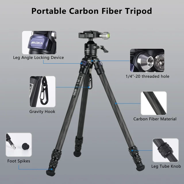Alt view image 2 of 6 - AOKA Carbon Fiber Mini Travel Tripod with 360° Ball Head