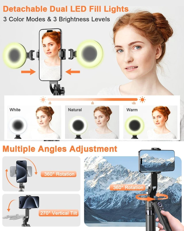 Alt view image 4 of 7 - Yeaki 71 Auto Face Tracking Tripod for iPhone with Light,360° Rotating Phone Stand with Rechargeable Remote Control for TikTok Vlog Video Recording, Phone Tripod for Android Camera/GoPro/Ring Light