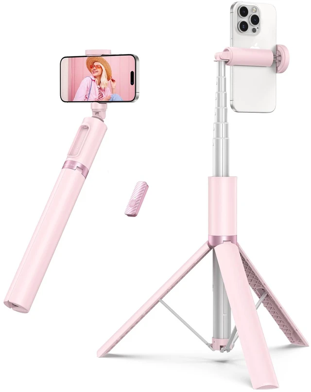 Main image of ATUMTEK 55" Selfie Stick Tripod, All-in-one Extendable Aluminum Phone Tripod with Rechargeable Bluetooth Remote for iPhone and More, Fitting 4.7-7 inch Smartphones, Pink