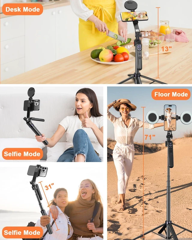 Alt view image 6 of 7 - Yeaki 71 Auto Face Tracking Tripod for iPhone with Light,360° Rotating Phone Stand with Rechargeable Remote Control for TikTok Vlog Video Recording, Phone Tripod for Android Camera/GoPro/Ring Light
