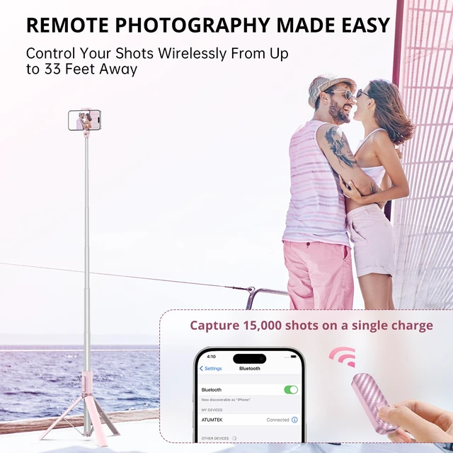 Alt view image 3 of 7 - ATUMTEK 55" Selfie Stick Tripod, All-in-one Extendable Aluminum Phone Tripod with Rechargeable Bluetooth Remote for iPhone and More, Fitting 4.7-7 inch Smartphones, Pink