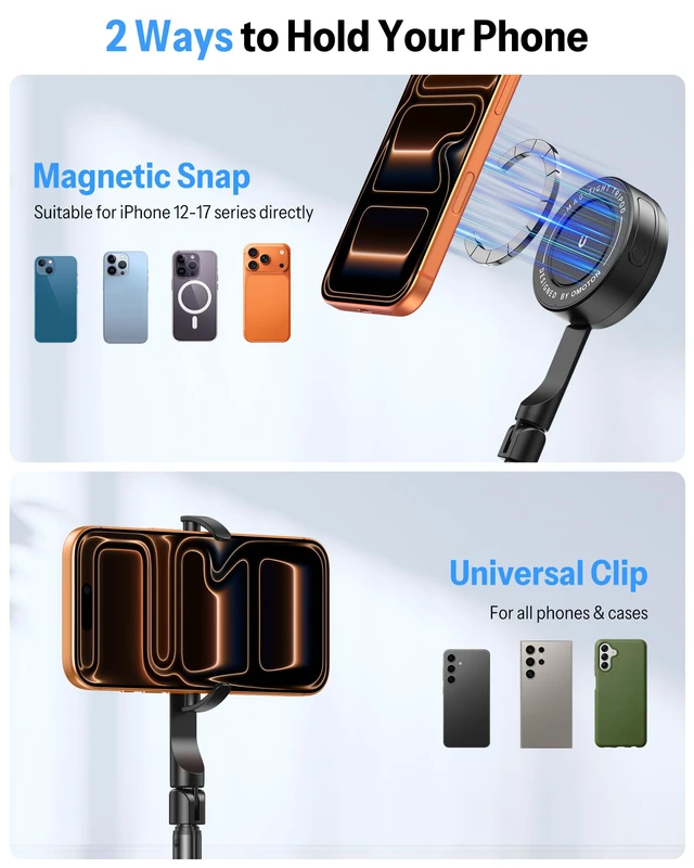 Alt view image 4 of 7 - OMOTON 68" Magnetic Phone Tripod with Remote, Selfie Stick for iPhone Black