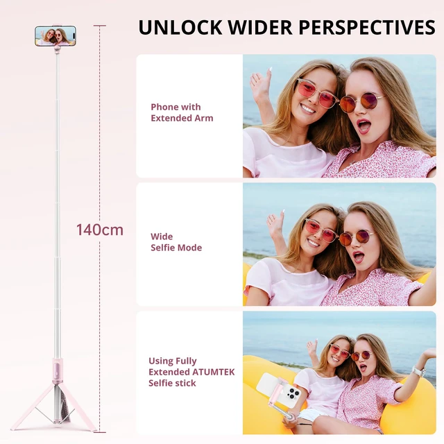 Alt view image 5 of 7 - ATUMTEK 55" Selfie Stick Tripod, All-in-one Extendable Aluminum Phone Tripod with Rechargeable Bluetooth Remote for iPhone and More, Fitting 4.7-7 inch Smartphones, Pink