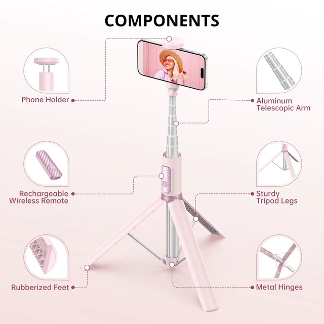 Alt view image 6 of 7 - ATUMTEK 55" Selfie Stick Tripod, All-in-one Extendable Aluminum Phone Tripod with Rechargeable Bluetooth Remote for iPhone and More, Fitting 4.7-7 inch Smartphones, Pink