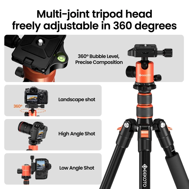 Alt view image 3 of 7 - GEEKOTO 77 Tripod, Camera Tripod for DSLR, Compact Aluminum Tripod with 360 Degree Ball Head and 8kgs Load for Travel and Work