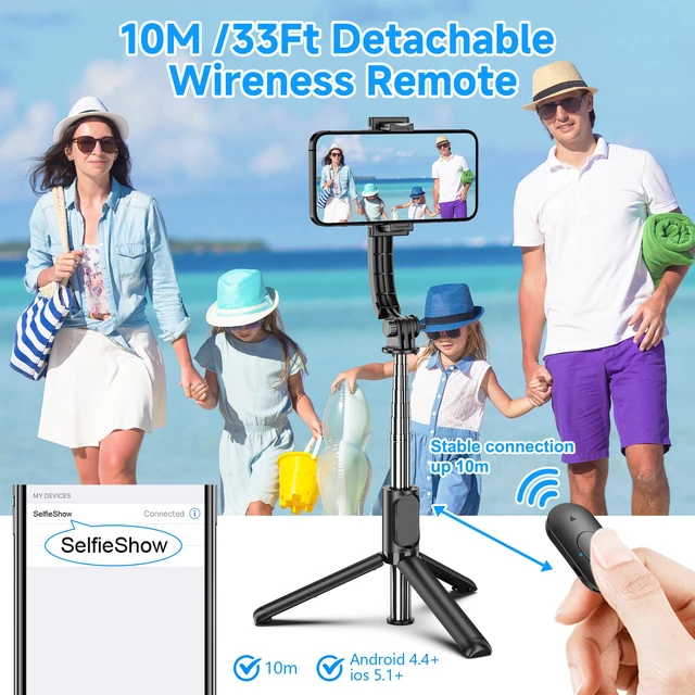 Alt view image 3 of 7 - SelfieShow Selfie Stick, Extendable Selfie Stick Tripod with Wireless Remote and Tripod Stand, Portable, Lightweight, Compatible with iPhone 17 16 15 14 13 12 Pro Xs Max/Samsung Smartphone and More