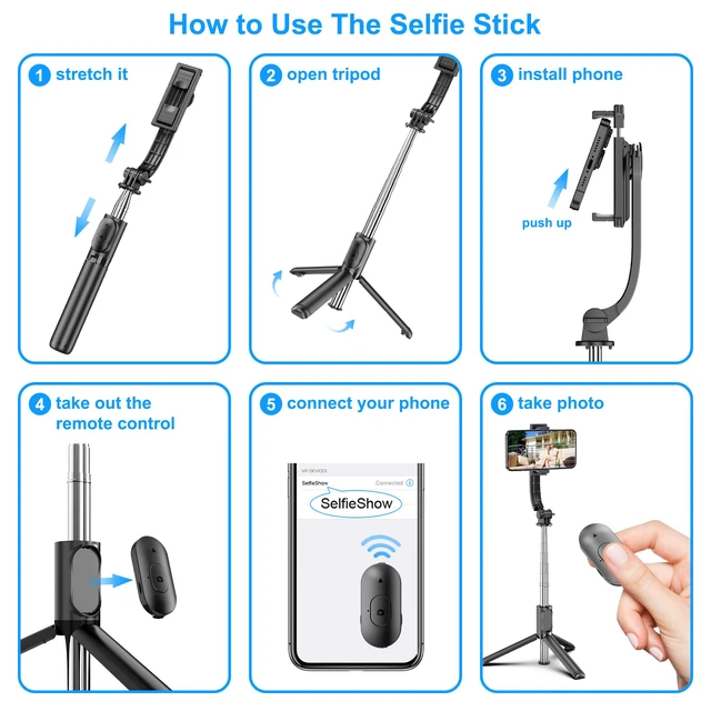 Alt view image 6 of 7 - SelfieShow Selfie Stick, Extendable Selfie Stick Tripod with Wireless Remote and Tripod Stand, Portable, Lightweight, Compatible with iPhone 17 16 15 14 13 12 Pro Xs Max/Samsung Smartphone and More