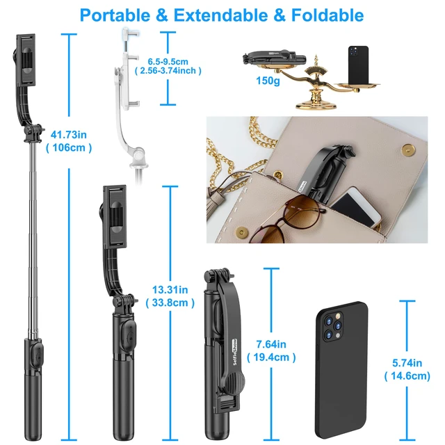Alt view image 7 of 7 - SelfieShow Selfie Stick, Extendable Selfie Stick Tripod with Wireless Remote and Tripod Stand, Portable, Lightweight, Compatible with iPhone 17 16 15 14 13 12 Pro Xs Max/Samsung Smartphone and More