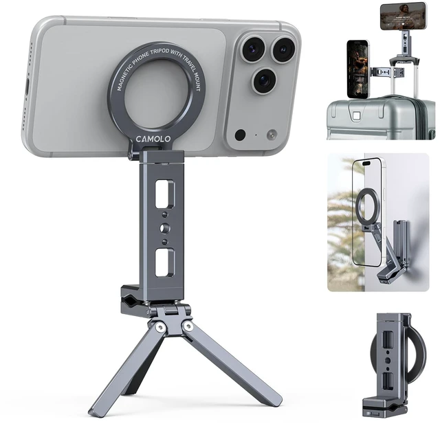 Main image of Magnetic Phone Tripod,360°Rotating Adjustable Travel Tripod Mount,Foldable Cell Phone Stand with Clip&1/4" Screw for iPhone 17/16/15/14/13/12 Pro Max&Magsafe Tripod,Fits Gym,Vlog,Travel,Kitchen