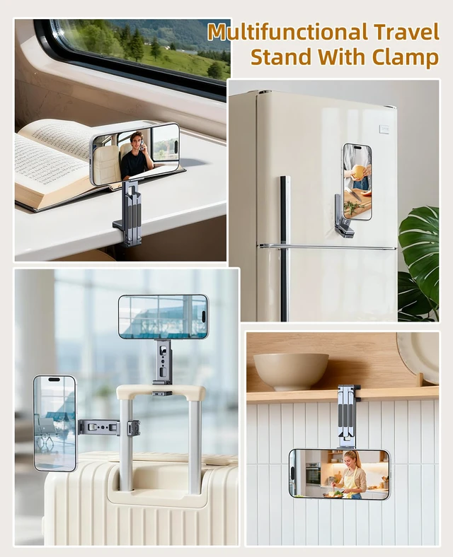 Alt view image 2 of 7 - Magnetic Phone Tripod,360°Rotating Adjustable Travel Tripod Mount,Foldable Cell Phone Stand with Clip&1/4" Screw for iPhone 17/16/15/14/13/12 Pro Max&Magsafe Tripod,Fits Gym,Vlog,Travel,Kitchen