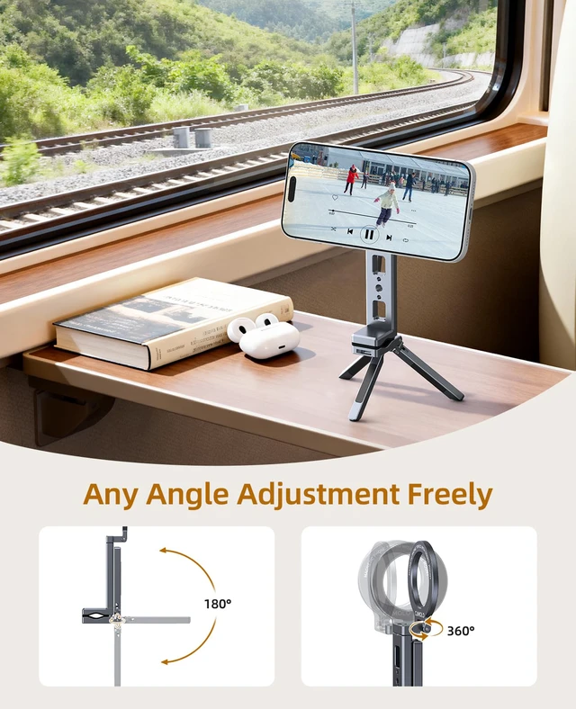 Alt view image 5 of 7 - Magnetic Phone Tripod,360°Rotating Adjustable Travel Tripod Mount,Foldable Cell Phone Stand with Clip&1/4" Screw for iPhone 17/16/15/14/13/12 Pro Max&Magsafe Tripod,Fits Gym,Vlog,Travel,Kitchen