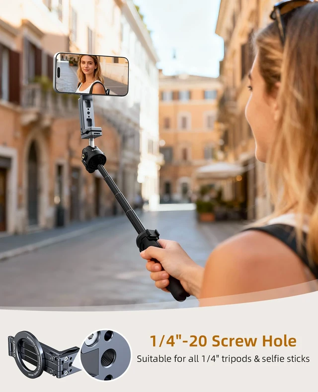 Alt view image 6 of 7 - Magnetic Phone Tripod,360°Rotating Adjustable Travel Tripod Mount,Foldable Cell Phone Stand with Clip&1/4" Screw for iPhone 17/16/15/14/13/12 Pro Max&Magsafe Tripod,Fits Gym,Vlog,Travel,Kitchen