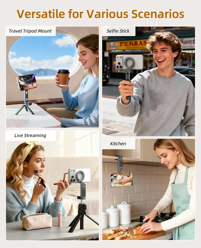 Alt view image 7 of 7 - Magnetic Phone Tripod,360°Rotating Adjustable Travel Tripod Mount,Foldable Cell Phone Stand with Clip&1/4" Screw for iPhone 17/16/15/14/13/12 Pro Max&Magsafe Tripod,Fits Gym,Vlog,Travel,Kitchen